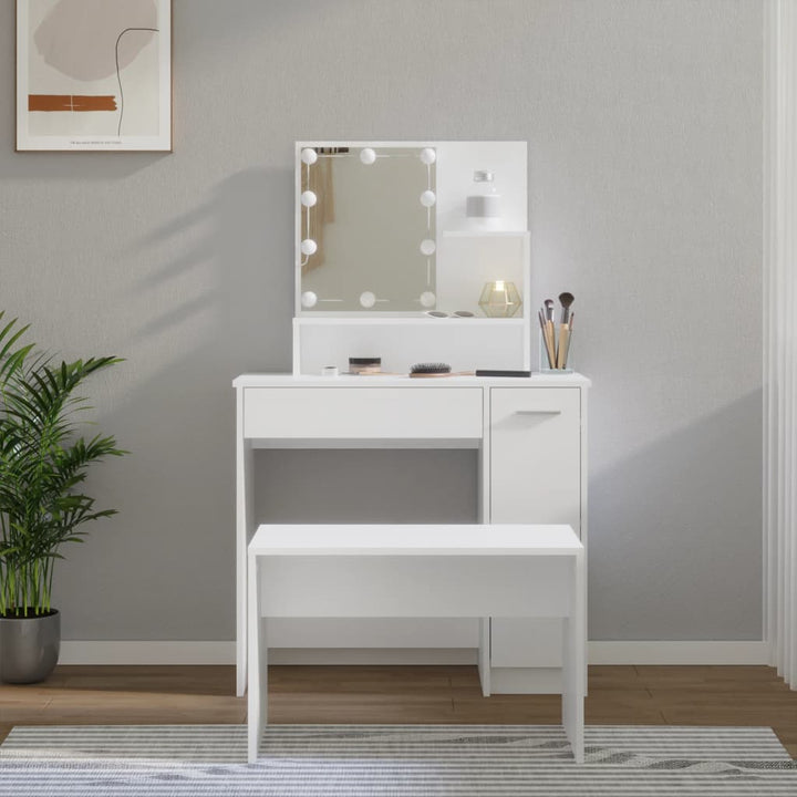 makeupbordssæt med LED-lys konstrueret træ hvid