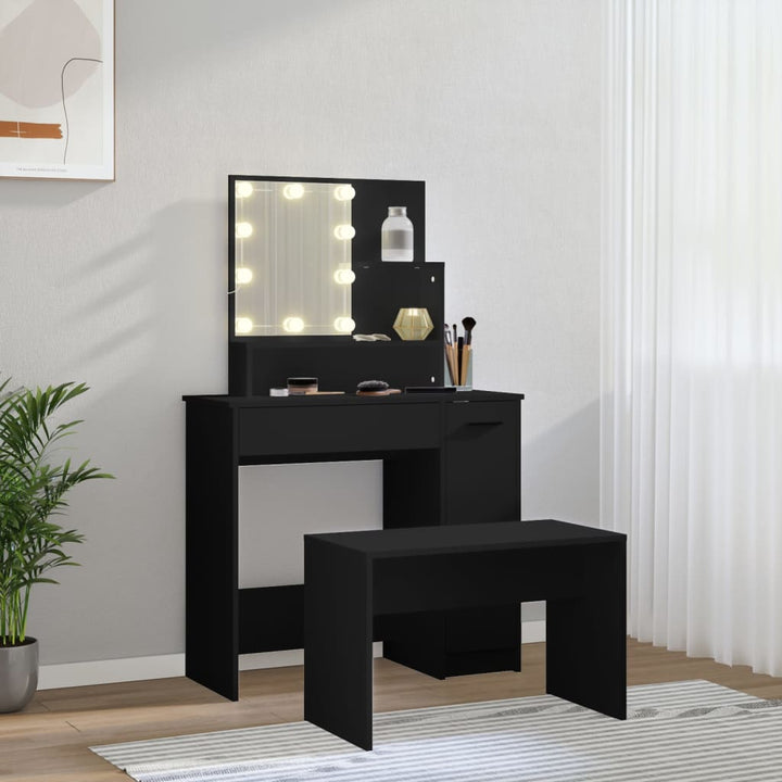makeupbordssæt med LED-lys konstrueret træ sort