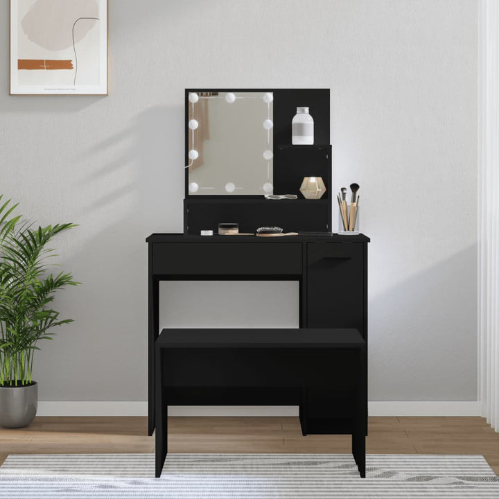 makeupbordssæt med LED-lys konstrueret træ sort