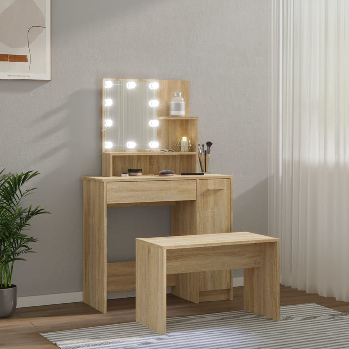 makeupbordssæt med LED-lys konstrueret træ sonoma-eg