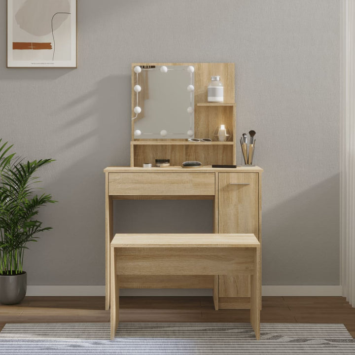 makeupbordssæt med LED-lys konstrueret træ sonoma-eg