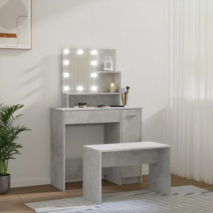 makeupbordssæt med LED-lys konstrueret træ betongrå