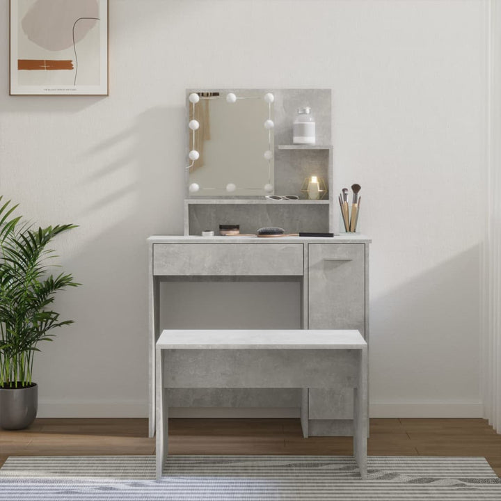 makeupbordssæt med LED-lys konstrueret træ betongrå