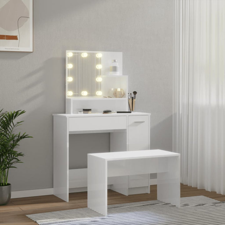 makeupbordssæt med LED-lys konstrueret træ hvid højglans