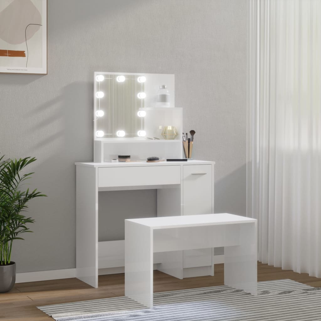 makeupbordssæt med LED-lys konstrueret træ hvid højglans