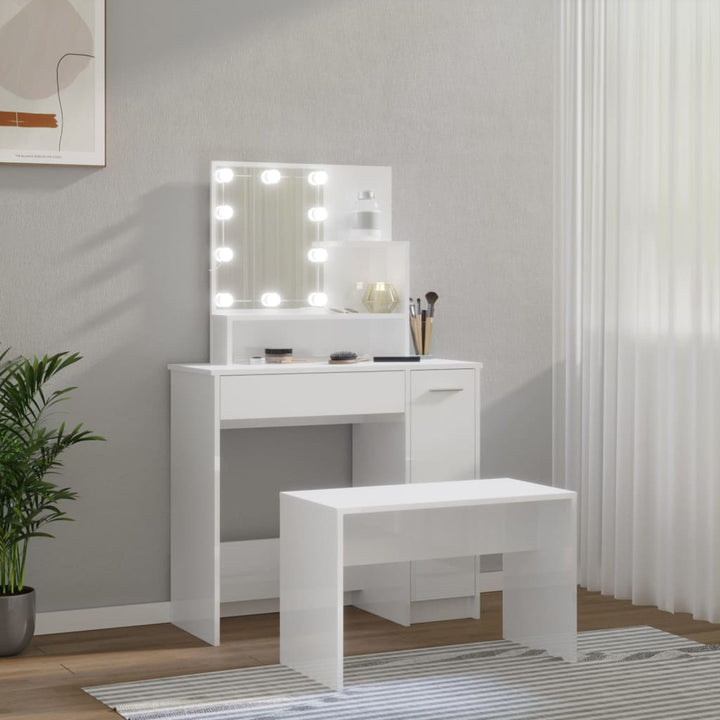 makeupbordssæt med LED-lys konstrueret træ hvid højglans