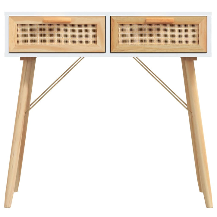 konsolbord 80x30x75 cm massivt fyrretræ og naturlig rattan hvid
