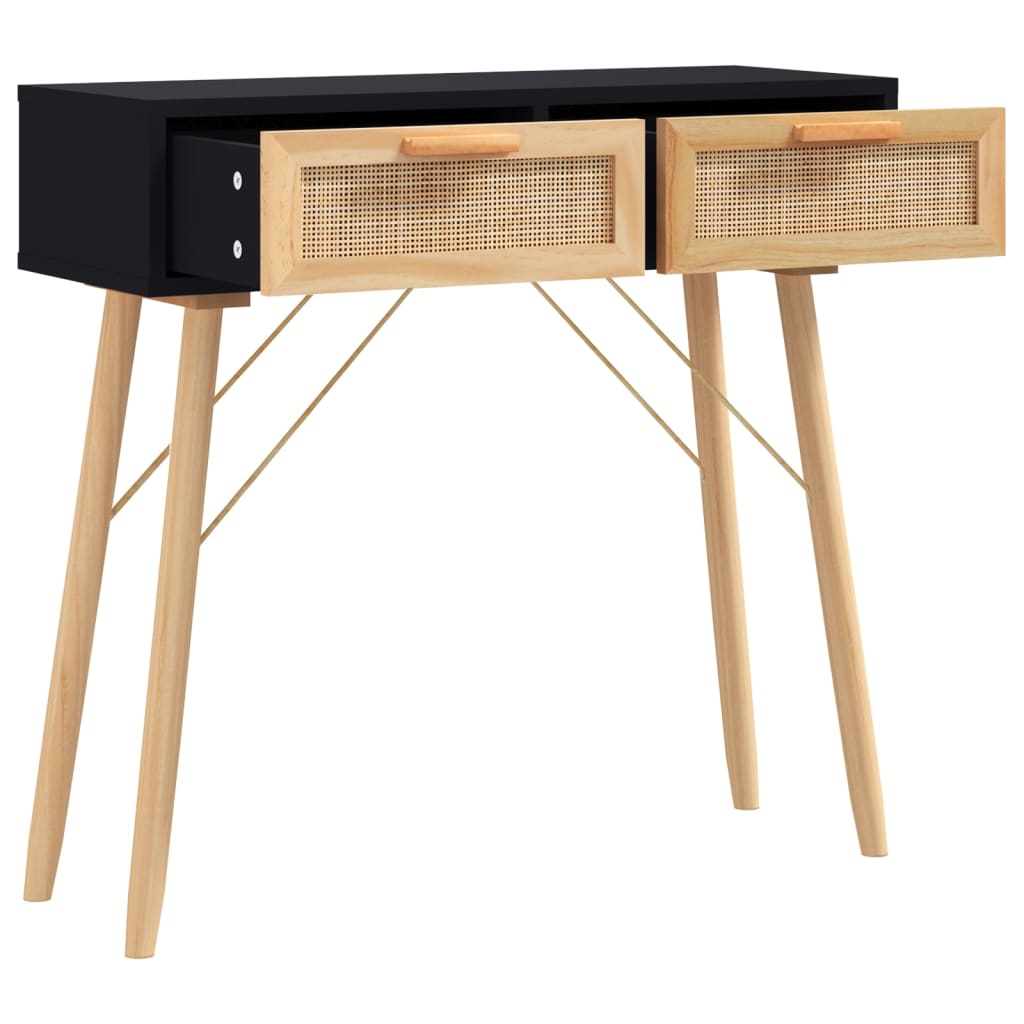 konsolbord 80x30x75 cm massivt fyrretræ naturlig rattan sort