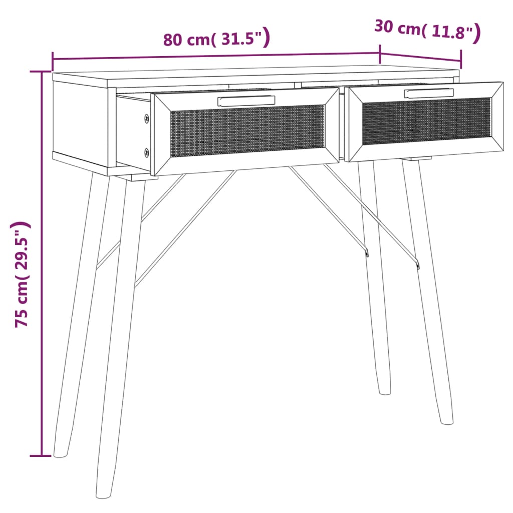 konsolbord 80x30x75 cm massivt fyrretræ naturlig rattan sort