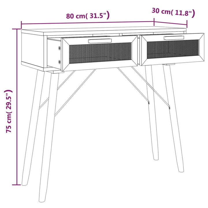 konsolbord 80x30x75 cm massivt fyrretræ naturlig rattan sort