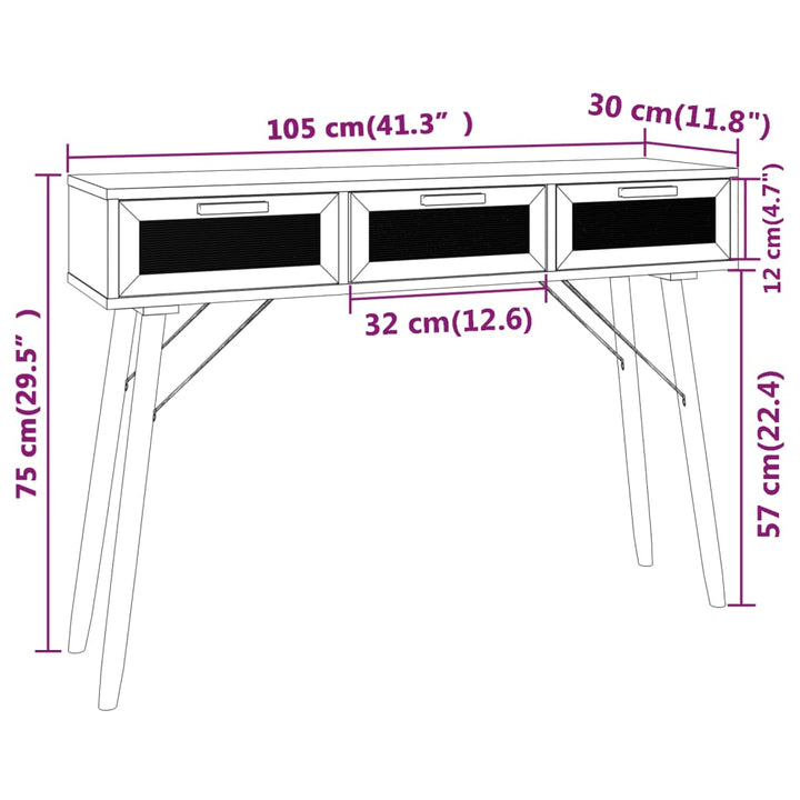 konsolbord 105x30x75 cm massivt fyrretræ naturlig rattan sort