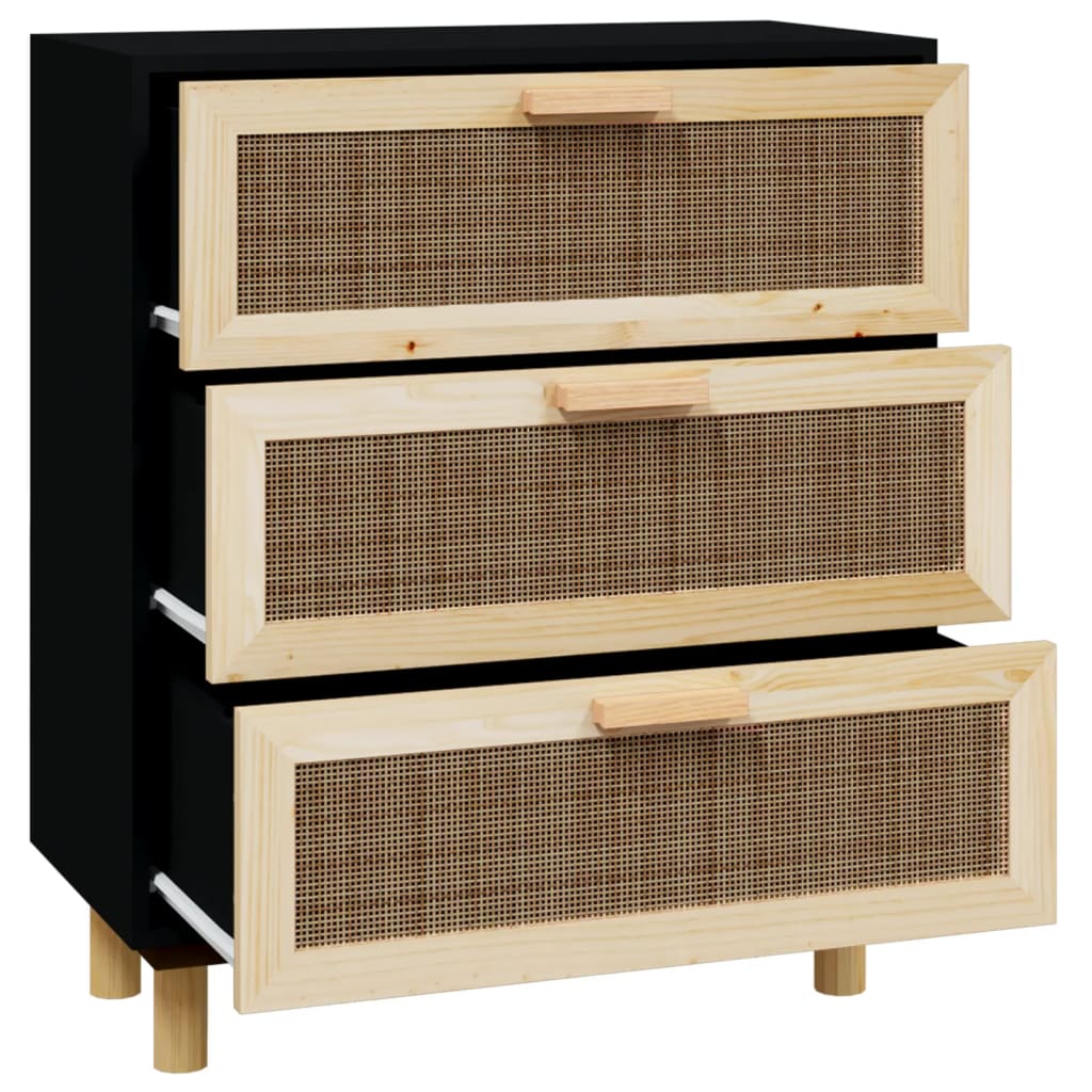 skænk 60x30x70 cm massivt fyrretræ og naturlig rattan sort