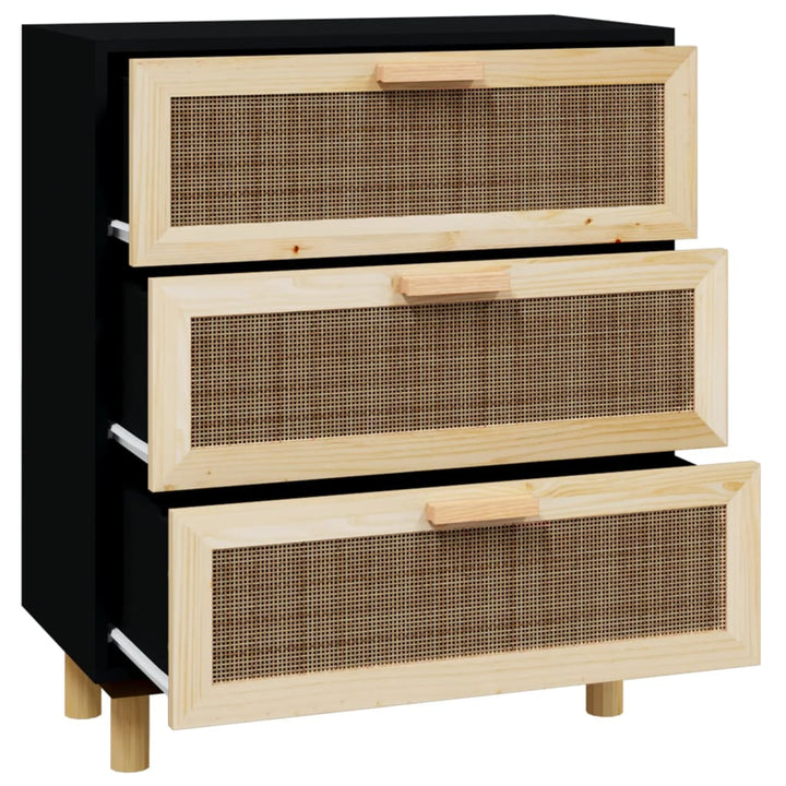 skænk 60x30x70 cm massivt fyrretræ og naturlig rattan sort