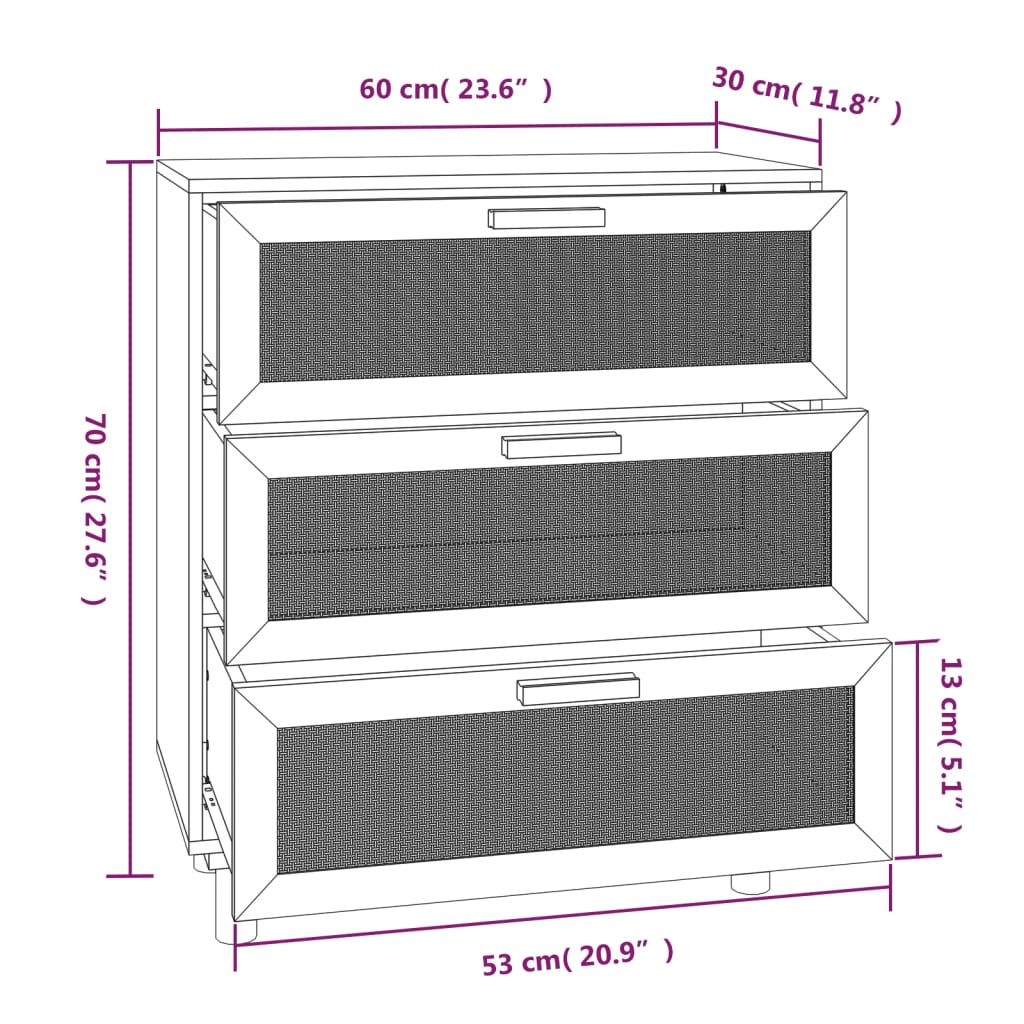 skænk 60x30x70 cm massivt fyrretræ og naturlig rattan sort