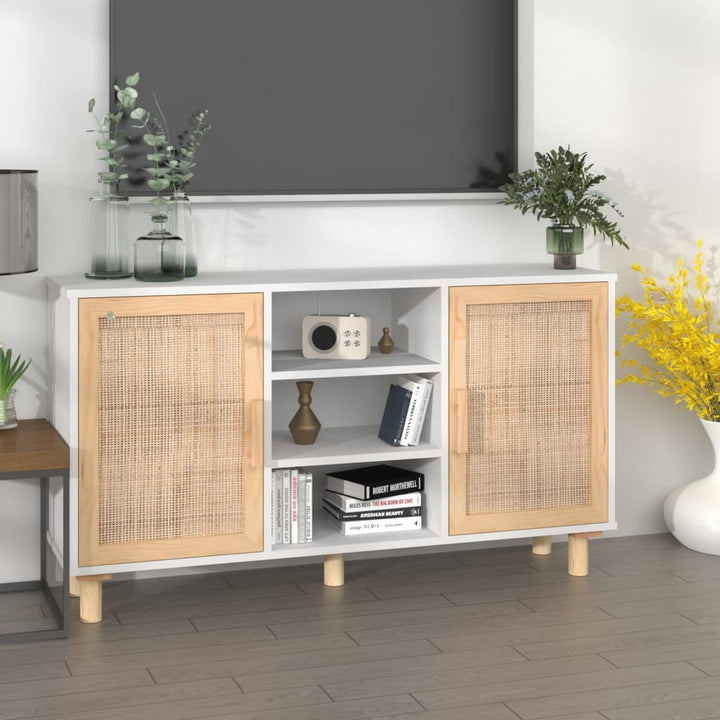 skænk 105x30x60 cm massivt fyrretræ og naturlig rattan hvid