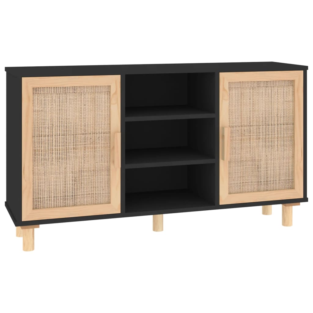skænk 105x30x60 cm massivt fyrretræ og naturlig rattan sort