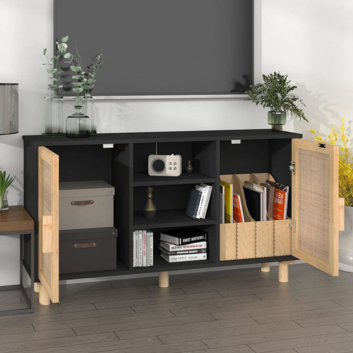 skænk 105x30x60 cm massivt fyrretræ og naturlig rattan sort