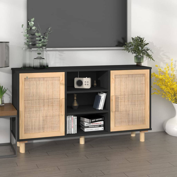 skænk 105x30x60 cm massivt fyrretræ og naturlig rattan sort