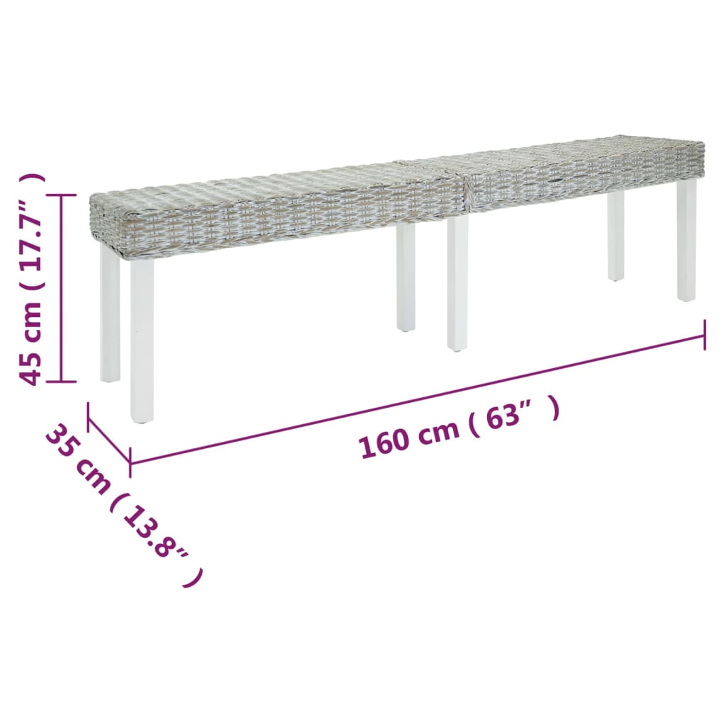 bænk 160x35x45 cm naturlig kubu-rattan og massivt mahognitræ hvid