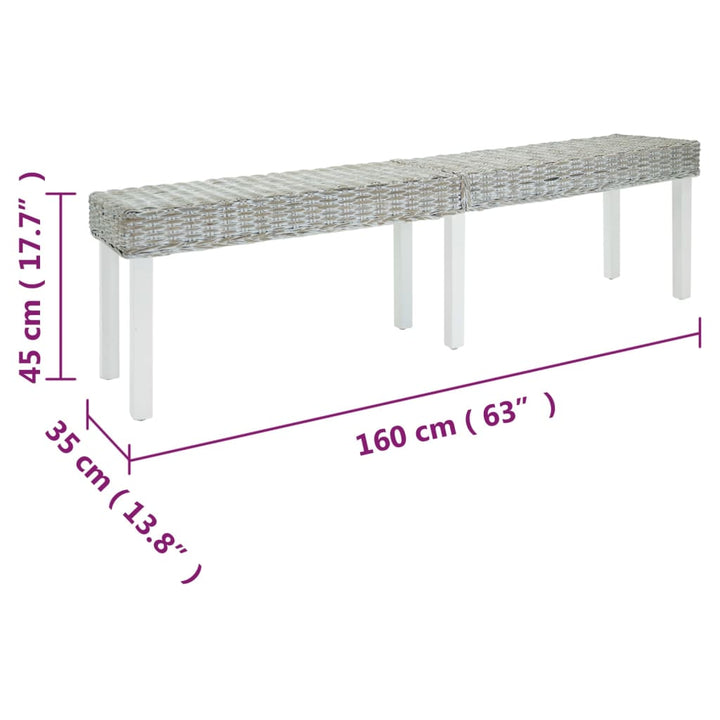 bænk 160x35x45 cm naturlig kubu-rattan og massivt mahognitræ hvid