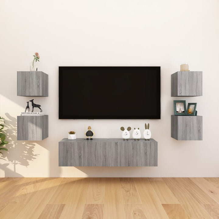væghængtee tv-skab 8 stk. 30,5x30x30 cm grå og sonoma-eg