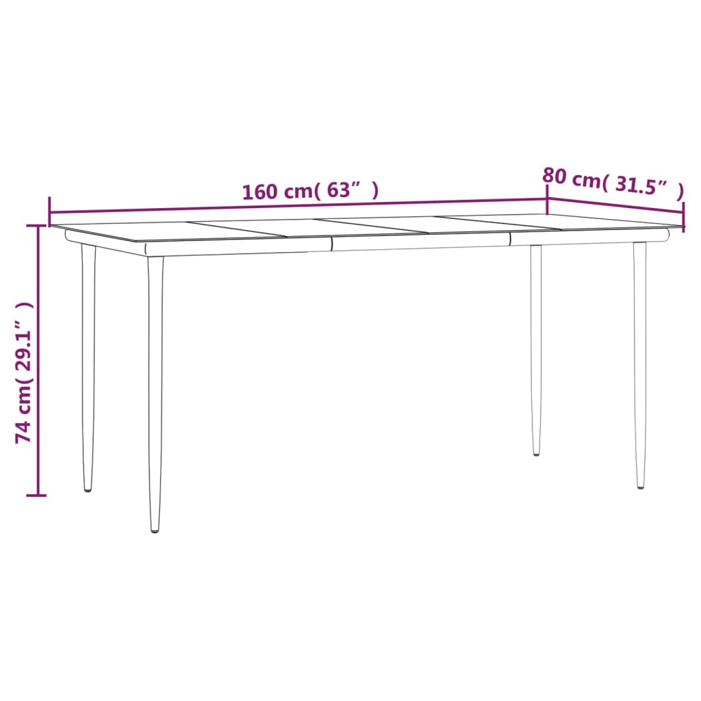 havebord 160x80x74 cm stål og hærdet glas sort