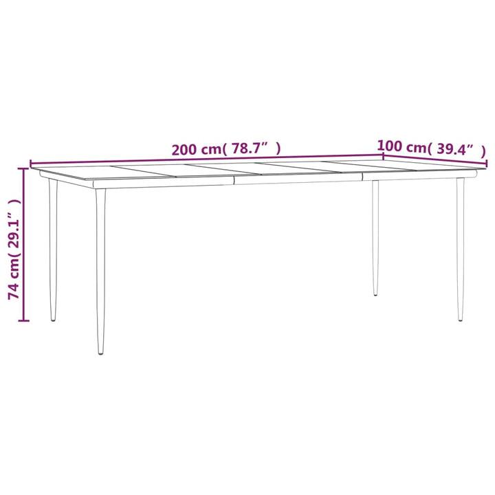havebord 200x100x74 cm stål og hærdet glas sort