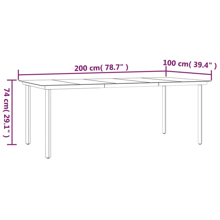 havebord 200x100x74 cm stål og hærdet glas sort