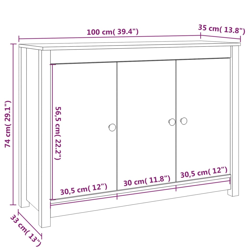 skænk 110x35x74 cm massivt fyrretræ hvid