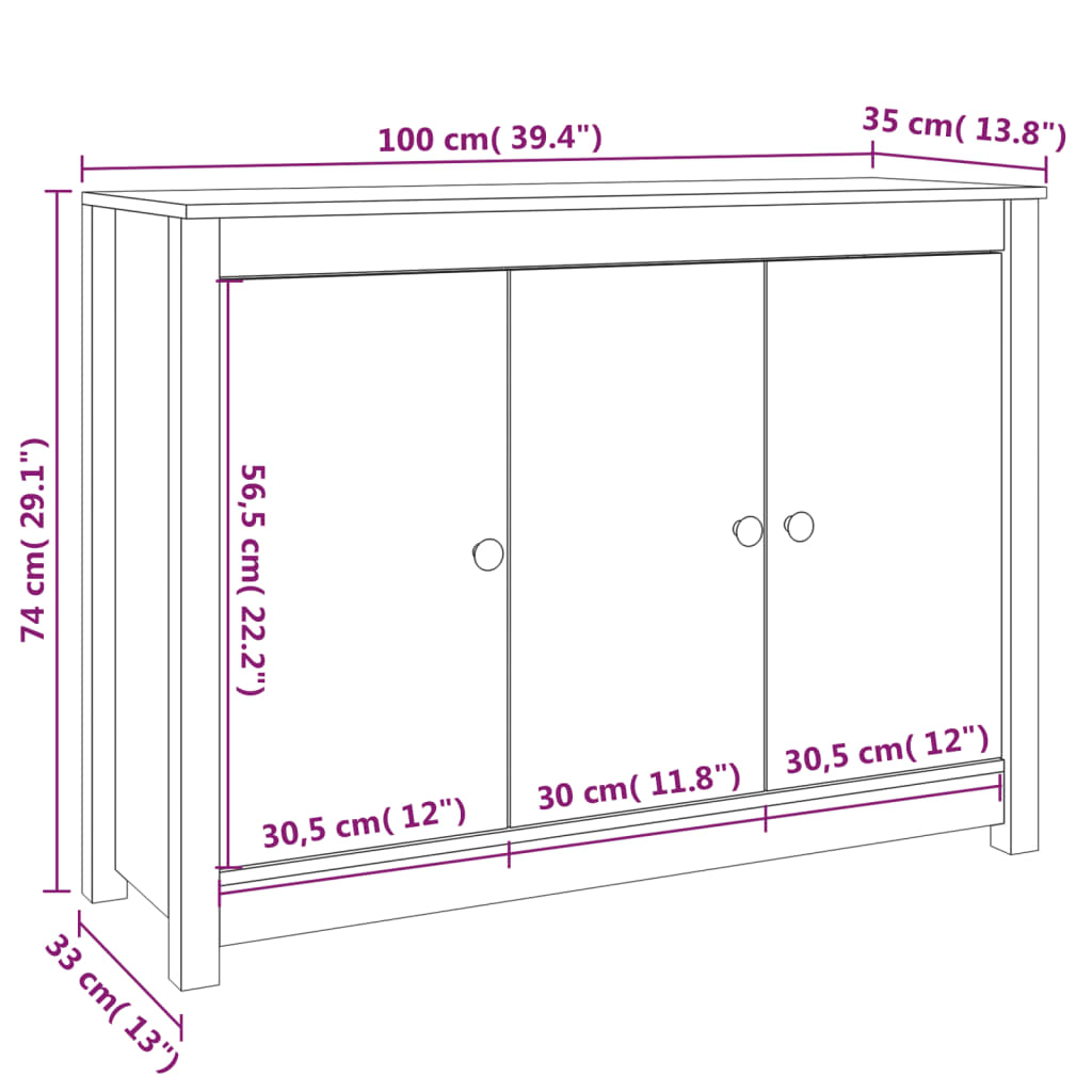skænk 100x35x74 cm massivt fyrretræ gyldenbrun