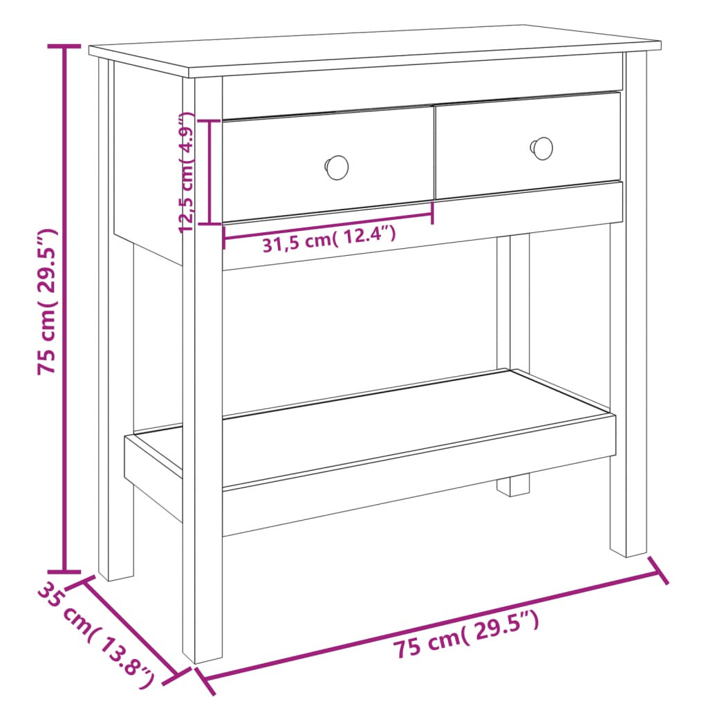 konsolbord 75x35x75 cm massivt fyrretræ hvid