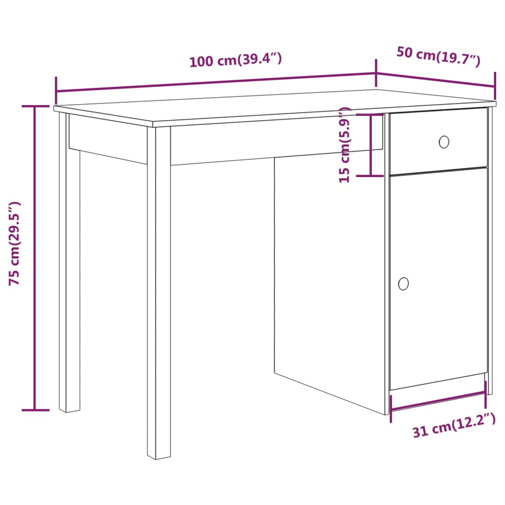 skrivebord 100x50x75 cm massivt fyrretræ