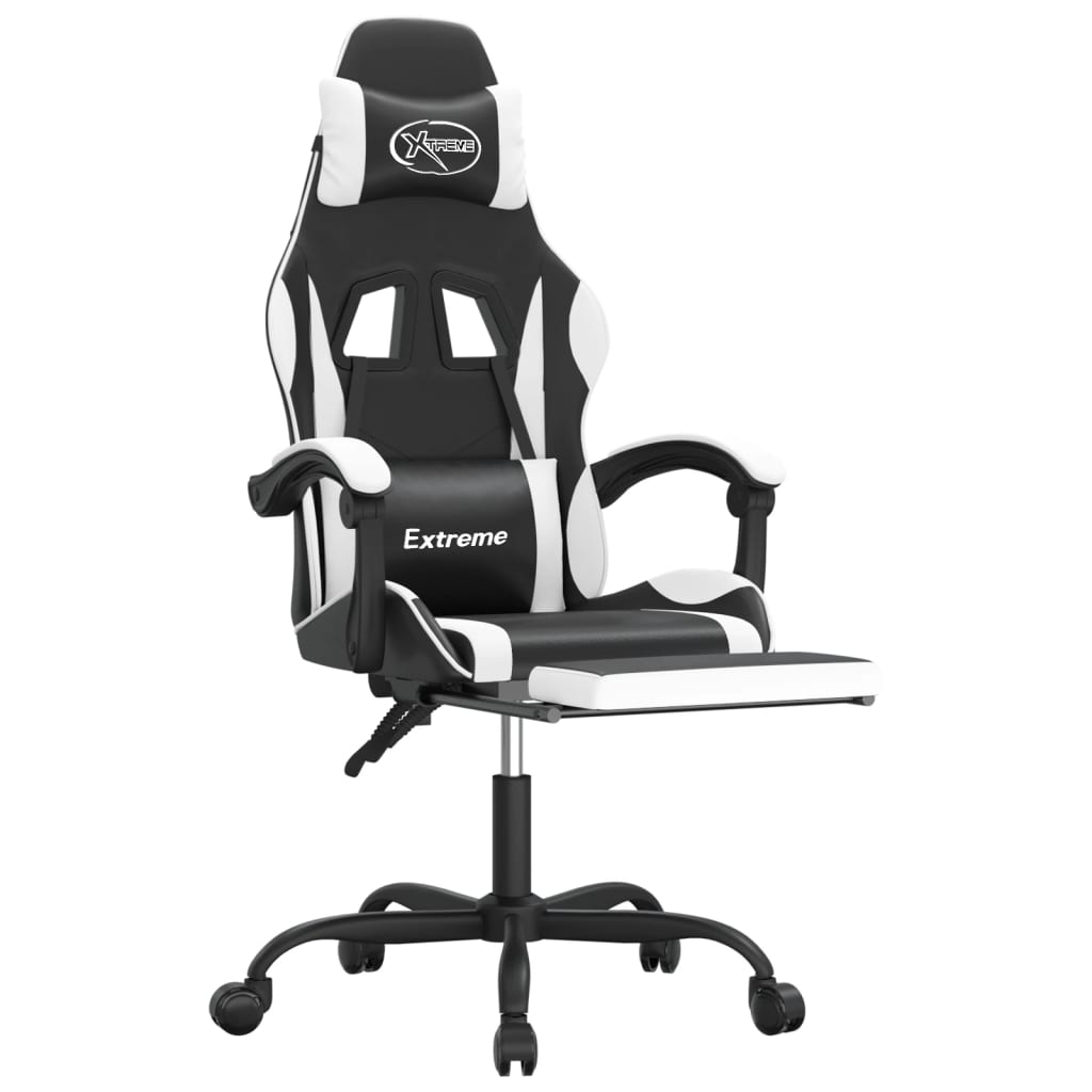 drejelig gamingstol med fodstøtte kunstlæder sort og hvid