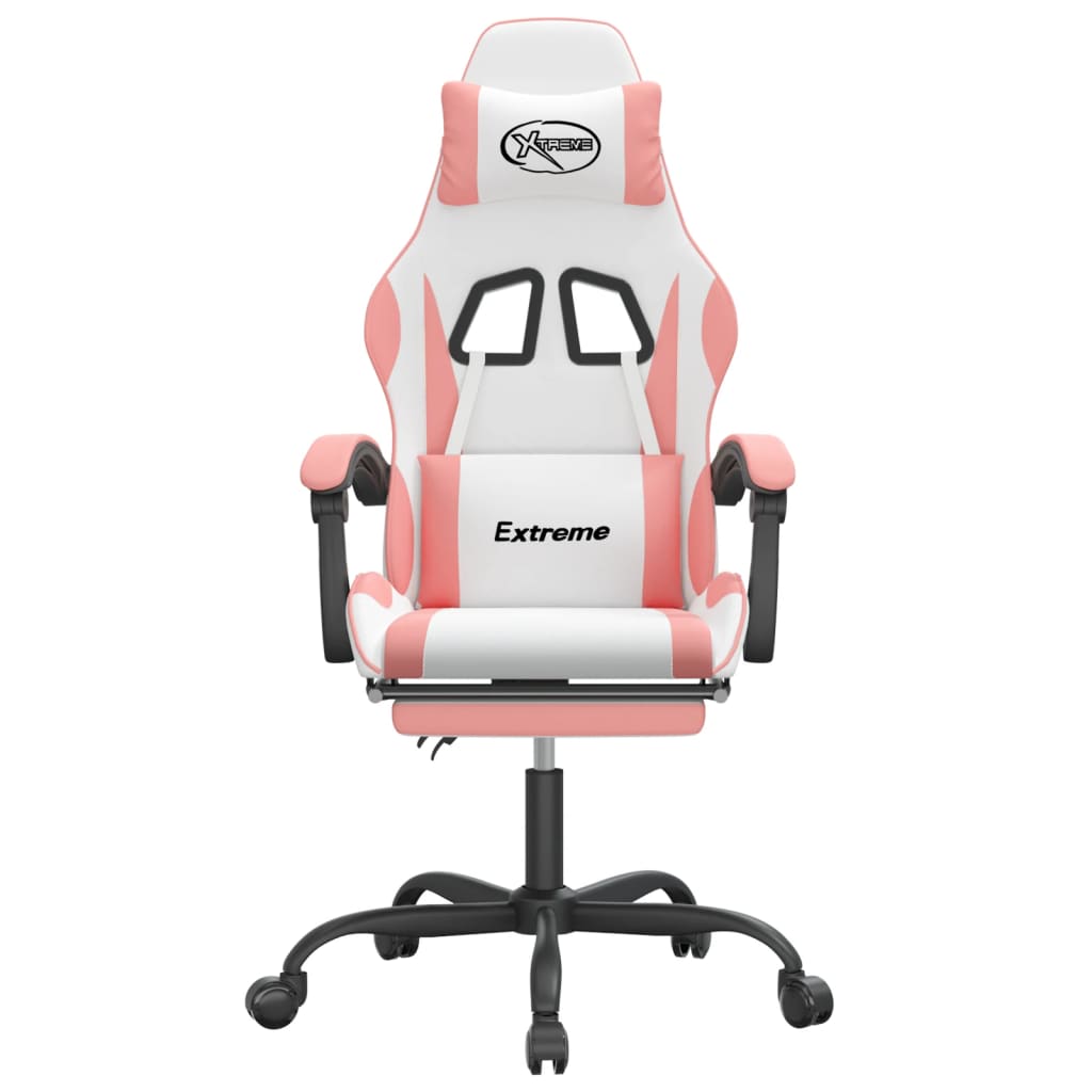 drejelig gamingstol med fodstøtte kunstlæder hvid og pink