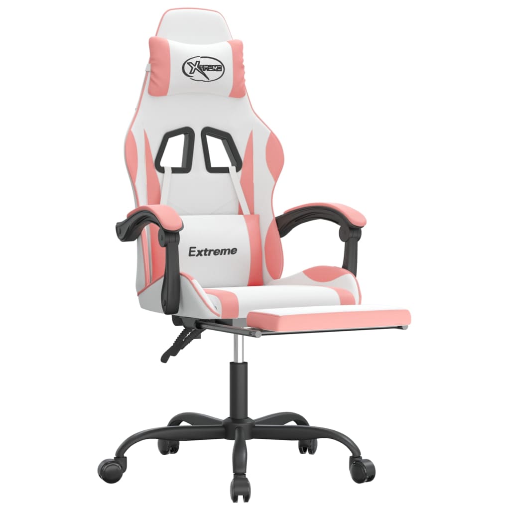 drejelig gamingstol med fodstøtte kunstlæder hvid og pink