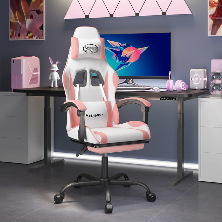 drejelig gamingstol med fodstøtte kunstlæder hvid og pink