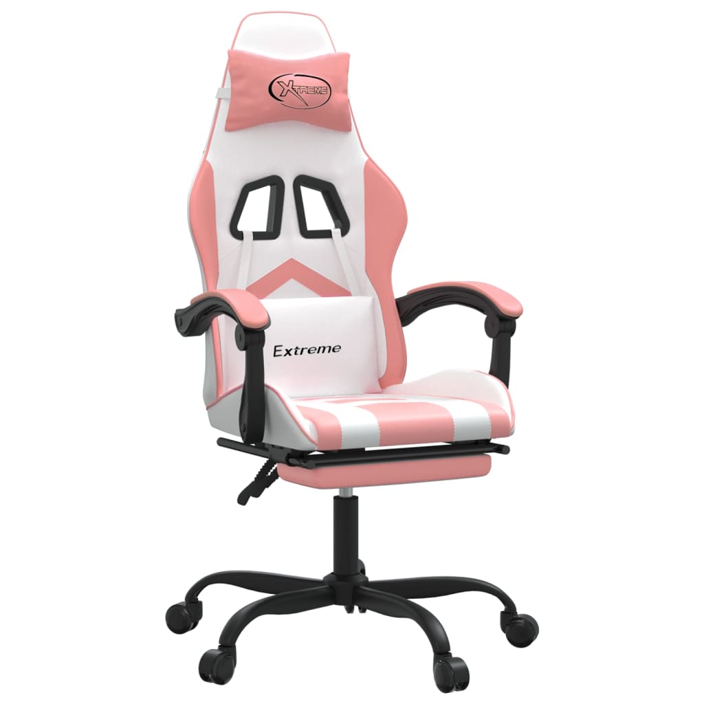 drejelig gamingstol med fodstøtte kunstlæder hvid og pink