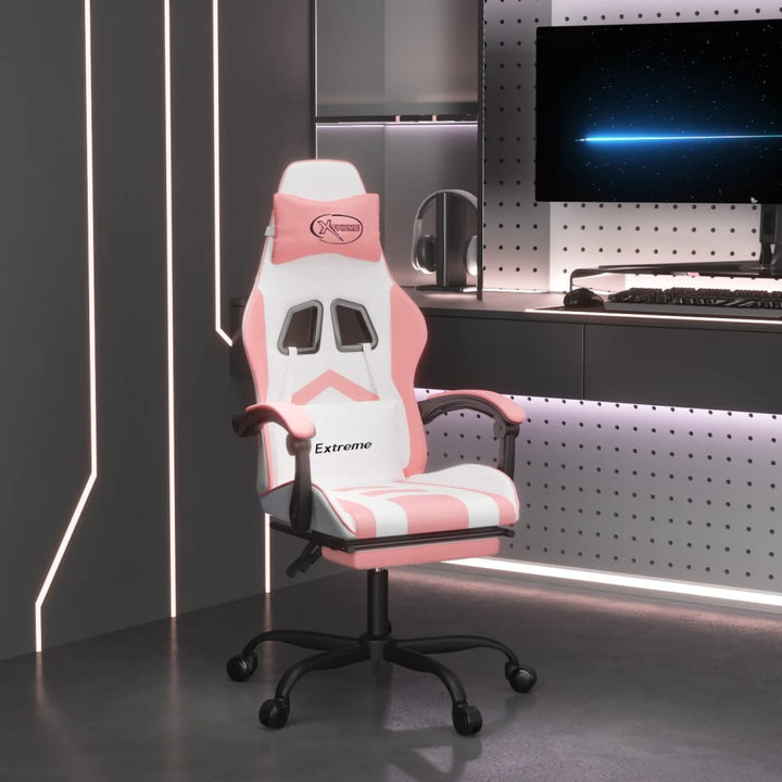 drejelig gamingstol med fodstøtte kunstlæder hvid og pink