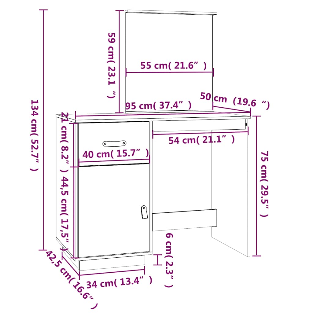 makeupbord 95x50x134 cm massivt fyrretræ