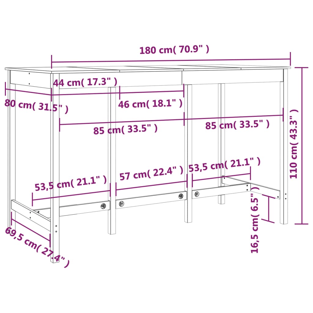 barbord 180x80x110 cm massivt fyrretræ hvid