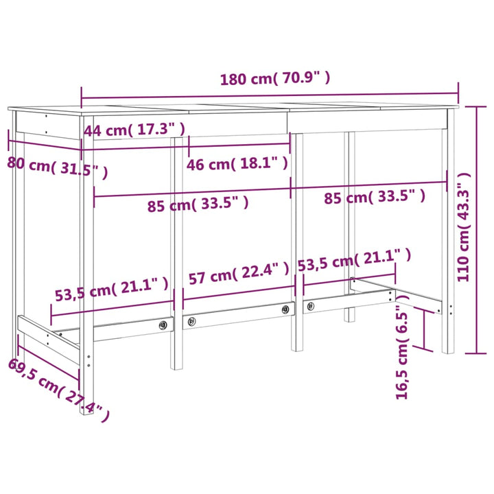 barbord 180x80x110 cm massivt fyrretræ hvid