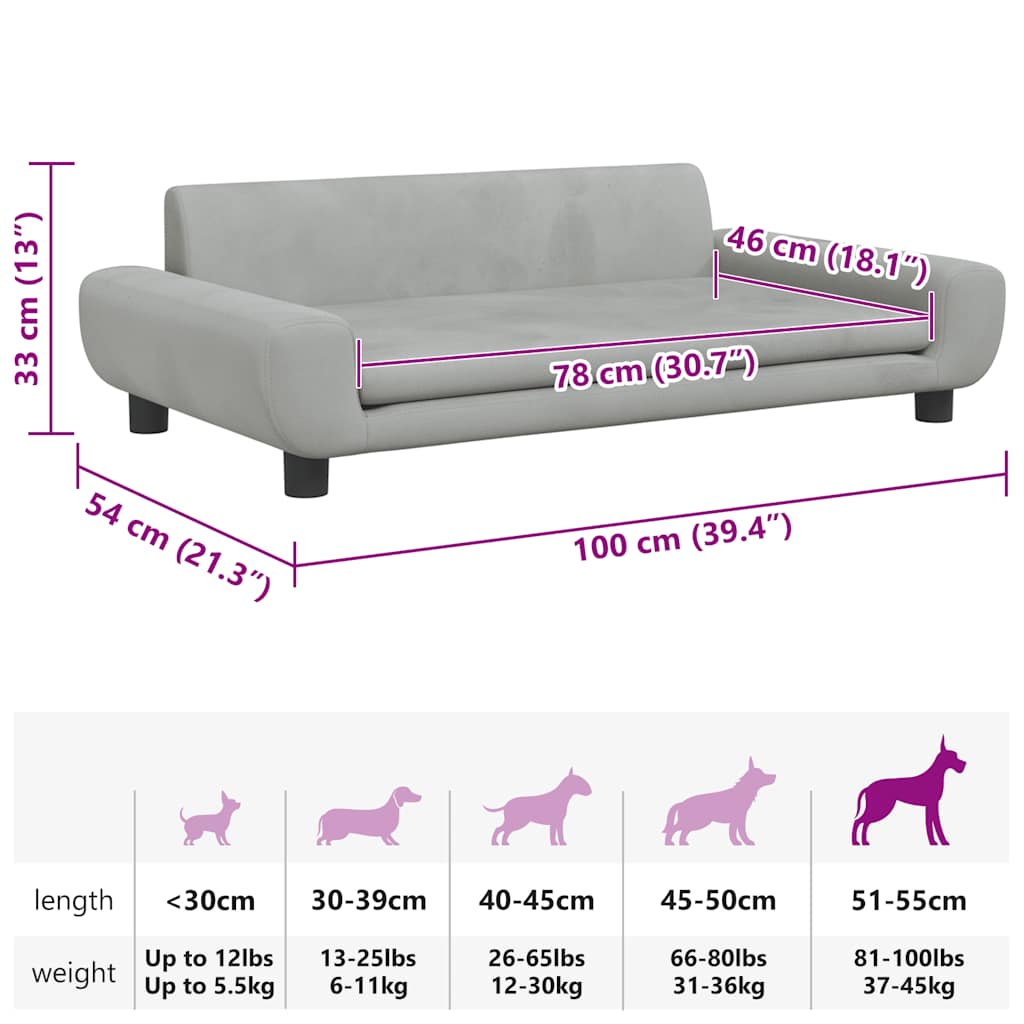 hundeseng 100x54x33 cm velour lysegrå