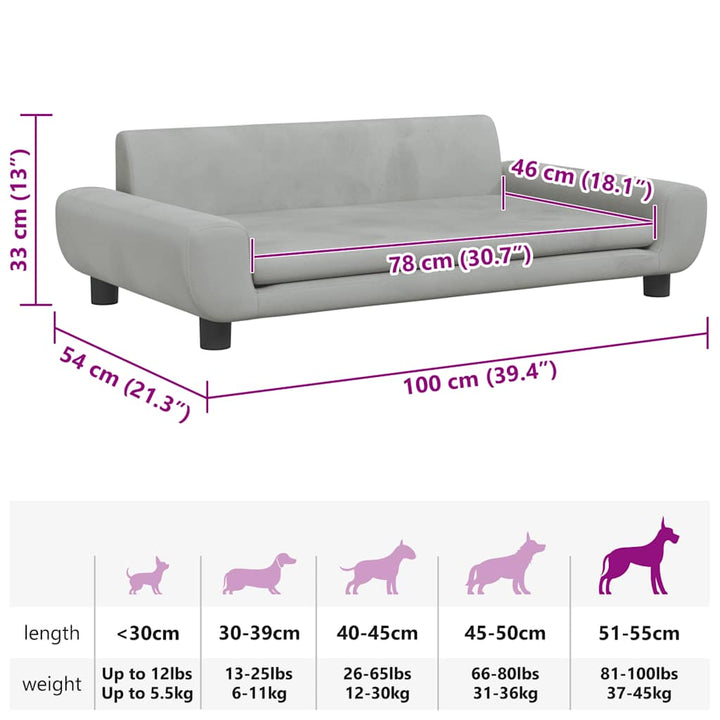 hundeseng 100x54x33 cm velour lysegrå
