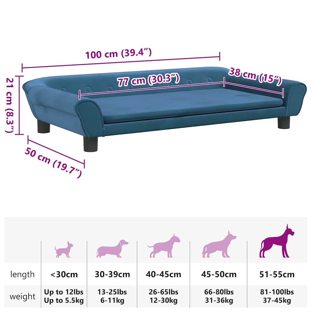 hundeseng 100x50x21 cm velour blå