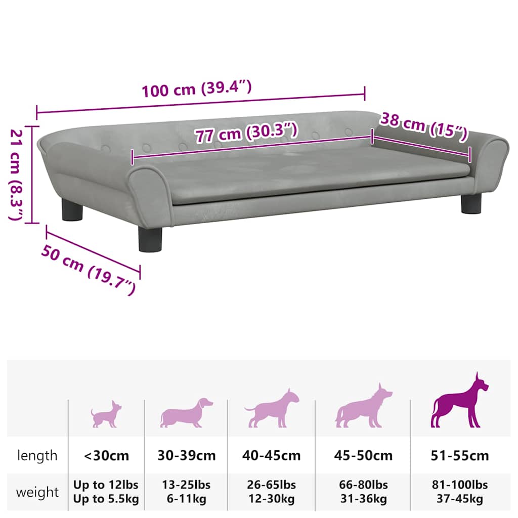 hundeseng 100x50x21 cm velour lysegrå