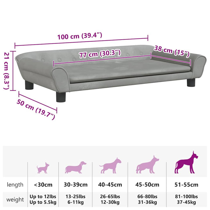hundeseng 100x50x21 cm velour lysegrå
