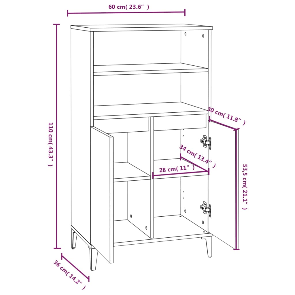 skab 60x36x110 cm konstrueret træ hvid