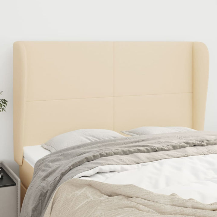 sengegavl med kanter 147x23x118/128 cm stof cremefarvet