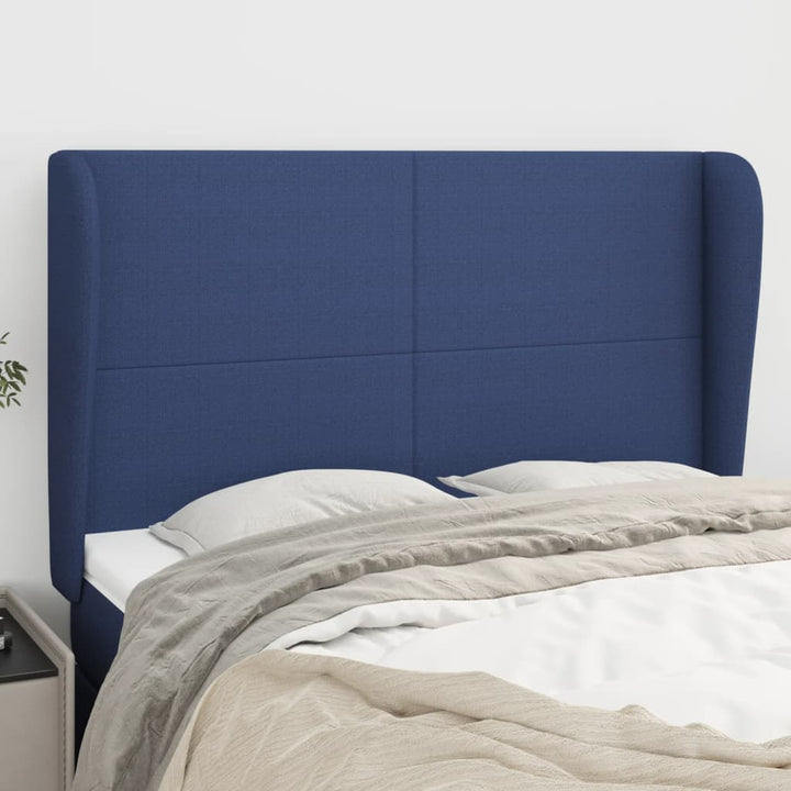 sengegavl med kanter 147x23x118/128 cm stof blå