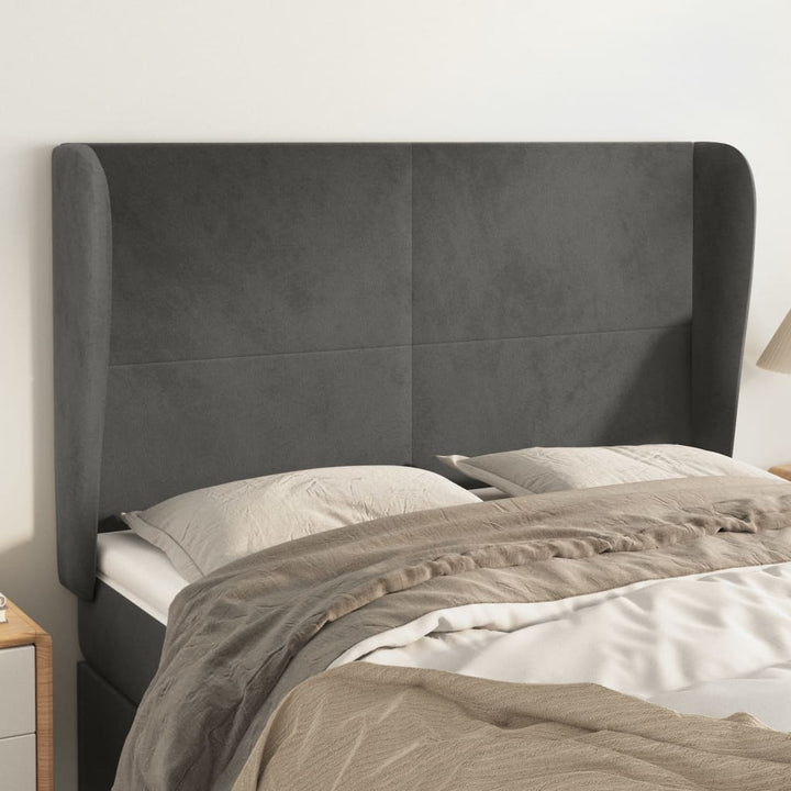 sengegavl med kanter 147x23x118/128 cm fløjl mørkegrå